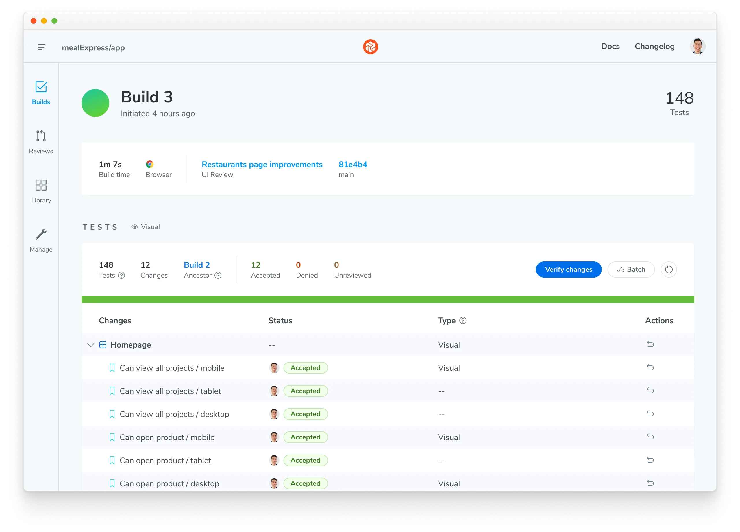Chromatic build screen with all changes approved