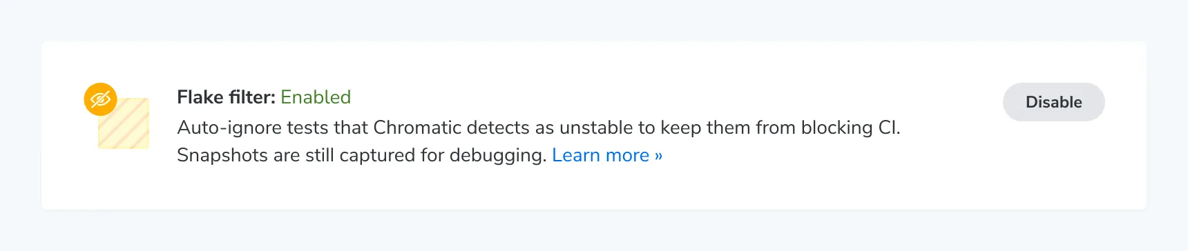 Flake filter enabled in project settings, with a button to disable it.
