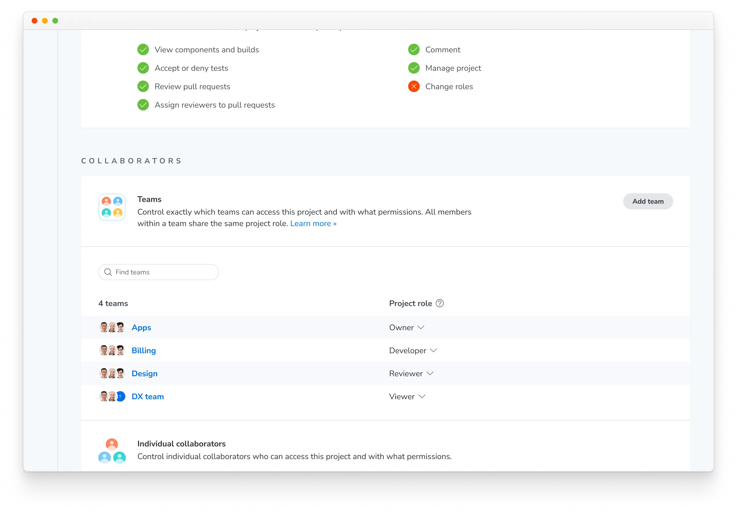 Project Manage page Collaborate tab showing the Collaborators section with a Teams panel. An Add team button appears on the right above a search field labeled Find teams.