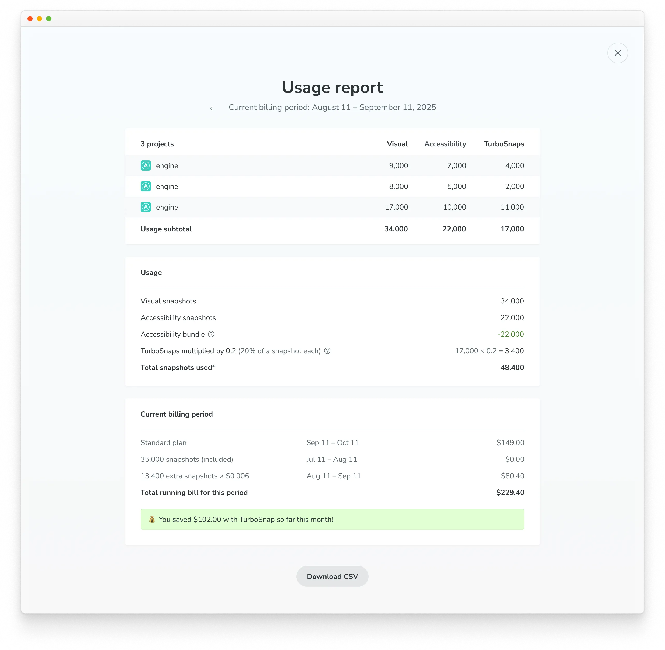 Example of a usage report that shows a breakdown of billed snapshots by project and the invoice details